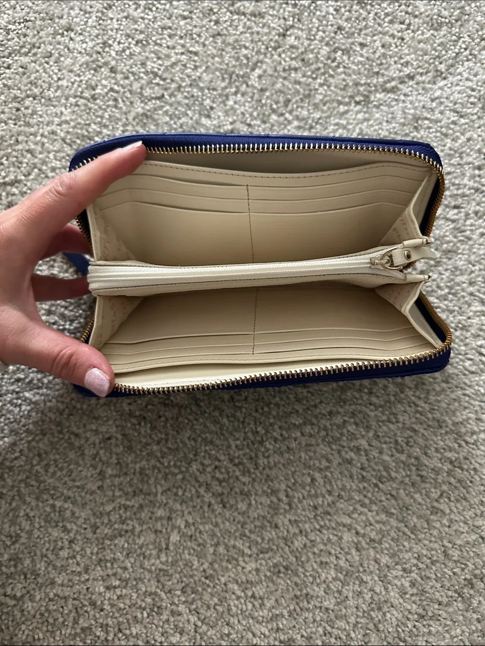 kate spade Quilted Leather Zip Wallet in Navy Blue with Gold Plaque